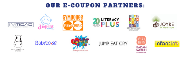 This month's deals include: Gymboree, Heart Studio, Engineering For Kids, LEAP SchoolHouse, Jump Eat Cry, Diapers.com.sg, Baby10.sg, Joyre TC Medi Spa, Moo Moo Kow, Madam Partum, LiteracyPlus, Infantino and IMTIDAD Maids.