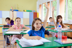 School children raising hands on lesson