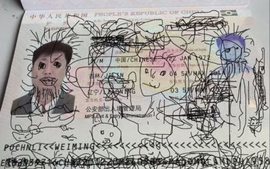 child draws on dad passport