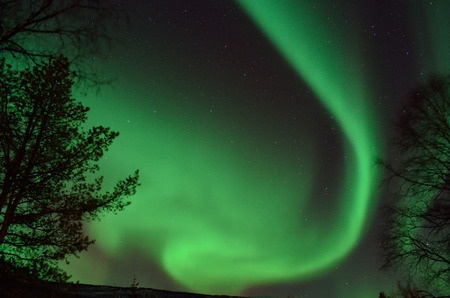 Strong, bright and vivid aurora borealis in the arctic winter