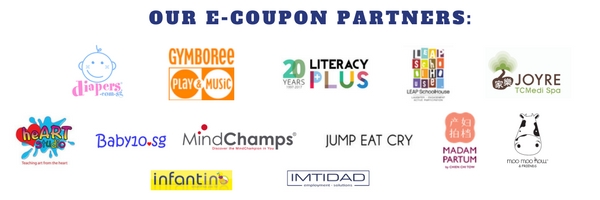 This month's promotion includes: 
Maternity- Joyre TC Medi Spa, Madam Partum, Jump Eat Cry
Baby Products- Diapers.com.sg, Baby10.sg, Moo Moo Kow & Friends, Infantino
Preschool & Enrichment- Gymboree, Heart Studio, LEAP SchoolHouse, MindChamps, LiteracyPlus
For Parents- IMTIDAD Maids