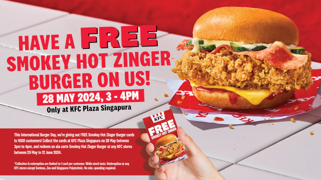 KFC Singapore is giving away 1,000 Smokey Hot Zinger Burgers on International Burger Day