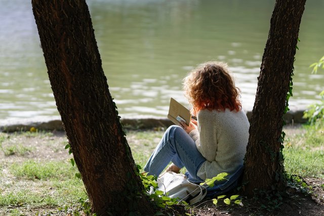 reading a book by the lake